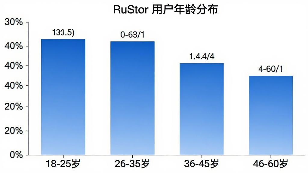 һ����״ͼ��չʾ RuStor �û�����ֲ�������Ϊ'18-25��''26-35��''36-45��''46-60��'������Ϊ�û�ռ�Ȱٷֱȣ���״ͼ��ɫΪ��ɫ���䣬����Ϊ��ɫ��ͼ������Ϊ'RuStor �û�����ֲ�'�����ݱ�ǩ�����ɼ���������ִ������ʸɾ����޶���Ԫ��