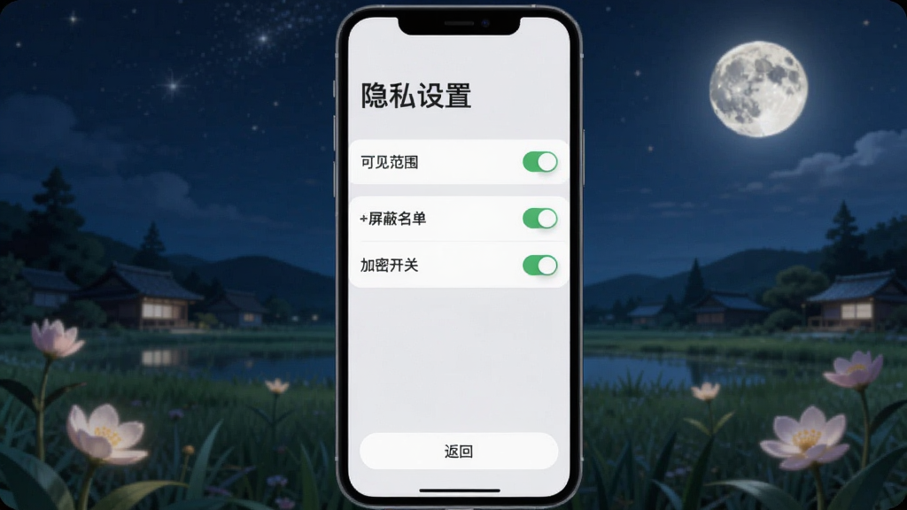 ����������˽���ý��棬����Ϊ�ֻ���Ļչʾ����ѡ���б������ֶ������⡰��˽���á����м��ǿɼ���Χ���������������ܿ��ص�ѡ��ײ�Ϊ���ذ�ť���Ű��������򣬷����ȼ�࣬ϸ�ڿ���ͼ��ֱ�ۣ����ʸɾ��޶���Ԫ��