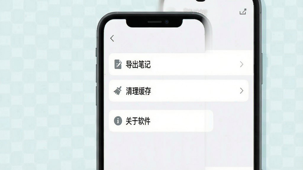一张手机屏幕截图风格的插画,展示费曼岛应用的设置界面,界面中有“导出笔记”、“清理缓存”、“关于软件”等选项,画面干净整洁,风格现代扁平,画质清晰
