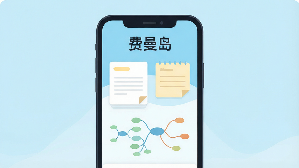 一张展示费曼岛App主界面的插画,画面中央是手机屏幕,屏幕内显示费曼岛应用界面,界面顶部写着“费曼岛”三个字,中间有笔记卡片和思维导图元素,背景是浅蓝色渐变,风格清新简洁,扁平化设计,画质干净无多余元素