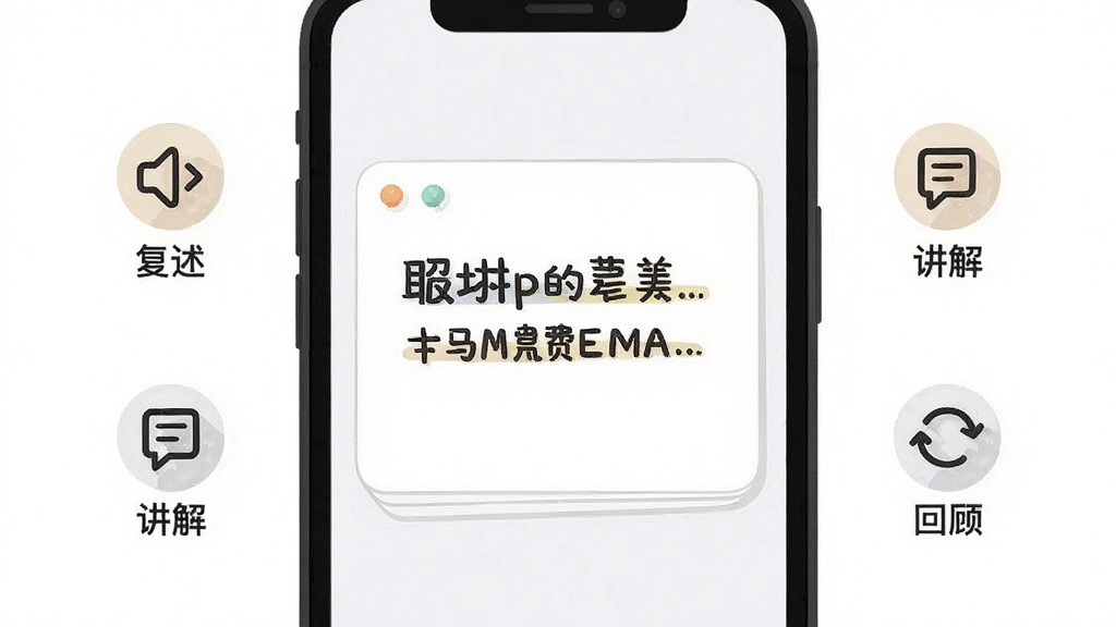 费曼岛应用内笔记编辑界面截图风格插画,画面展示手机屏幕上显示一个概念卡片,卡片内文字清晰,周围有“复述”、“讲解”、“回顾”三个小图标,背景是纯白色,风格极简,画质干净无多余元素