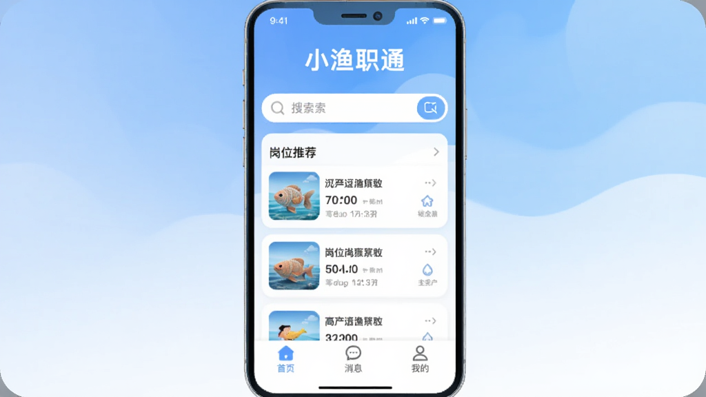 �ֻ���Ļ����չʾС��ְͨAPP�����棬���涥����ʾ��С��ְͨ���ĸ��֣��м���������͸�λ�Ƽ��б����·�����ҳ����Ϣ���ҵ������ײ�����ͼ�꣬���岼�ּ����������������͵����׽��䣬����ִ���ƽ��ϸ��Բ�󣬻��ʸɾ��޶���Ԫ�ء�