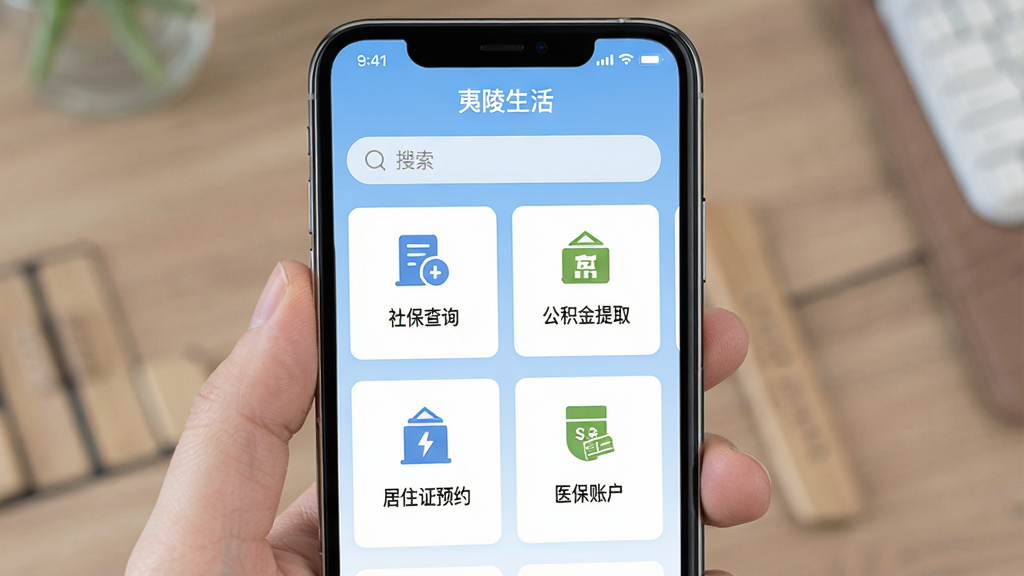 ��������������¹��ܽ��棬�ֻ���Ļ��ʾ���������App���������ҳ�棬ҳ�涥��Ϊ�������·�����չʾ�籣��ѯ����������ȡ����ס֤ԤԼ��ҽ���˻��ĸ�ģ�飬ÿ��ģ�����м���ͼ�������˵��������Ϊ����ɫ���䣬����ɾ����룬��������������ִ���ƽ�����ʸɾ��޶���Ԫ��