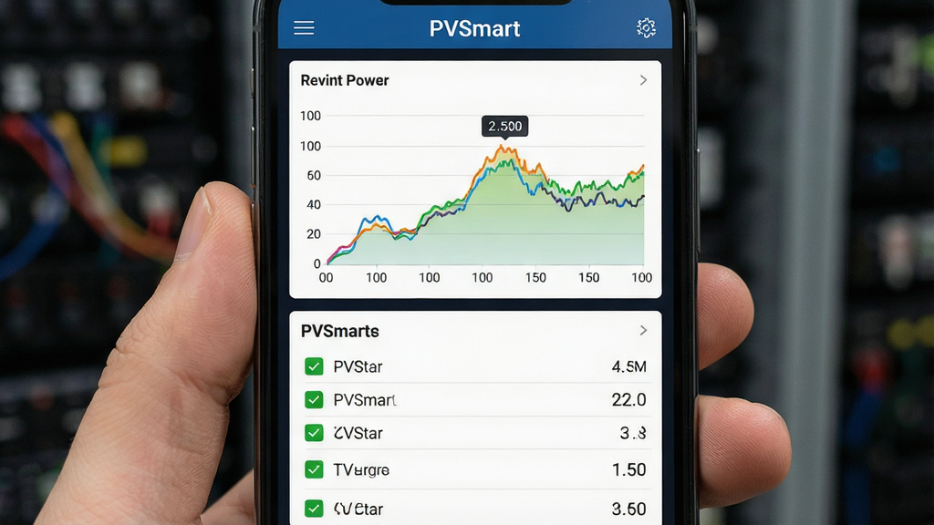 һ��չʾPVSmartʵʱ��ع��ܵ���ͼ��ʾ�ʣ�������һ���ֻ���Ļ��ʾPVSmart�������棬�������ϰ벿��Ϊʵʱ��������ͼ���°벿���������״̬�б����Ű�������½ṹ������Ǽ��Ĺ�ҵ���ݷ磬ϸ��������ͼ��ɫ��������ֵ���������ʸɾ��޶���Ԫ�ء�