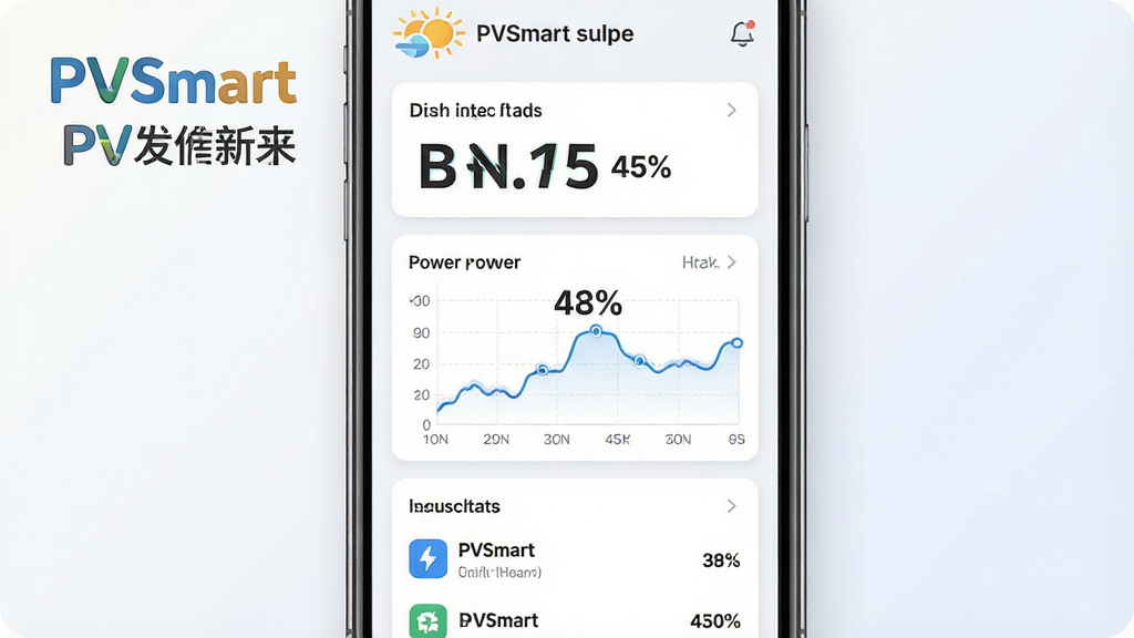 һ��չʾPVSmart�������Ľ������ͼ��ʾ�ʣ�������һ�������ֻ���Ļ����Ļ��������ʾ��PVSmart��Ӣ��Logo���������ƣ����ֲ��ÿ�Ƭʽ�Ǳ�����ƣ������ǵ��շ��������֣��м��ǹ�������ͼ���ײ����豸״̬�б����Ű�����������������ִ��Ƽ��б�ƽ����ƣ�ϸ����ͼ��Բ����������Ӵ֣����ʸ���ɾ����޶���Ԫ�أ�����Ϊ�ɾ���ǳɫ���䡣