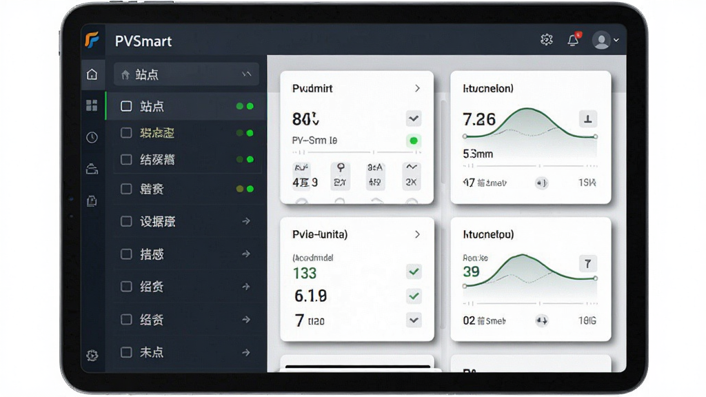 һ��չʾPVSmart���豸�����������ͼ��ʾ�ʣ�������PVSmart������ƽ������ϵĺ������棬����Ϊ���վ���б����Ҳ��������鿨Ƭ���Ű�Ϊ���ҷ���������������Լ�磬ϸ�����б�����״ָ̬ʾ�ơ���Ƭ����Ӱ��Σ����������޶���Ԫ�ء�