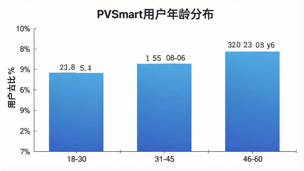 һ��չʾPVSmart�û�����ֲ���״ͼ����ͼ��ʾ�ʣ�������һ����״ͼ������Ϊ������ʾ�����18-30��31-45��46-60��������ʾ�û�ռ�Ȱٷֱȣ��Ű�������������Ǳ�ƽ�����ݿ��ӻ���ϸ����������ɫΪ��ɫ���䡢��ֵ��ǩ�����������ʸɾ��޶���Ԫ�أ�������ɫ��