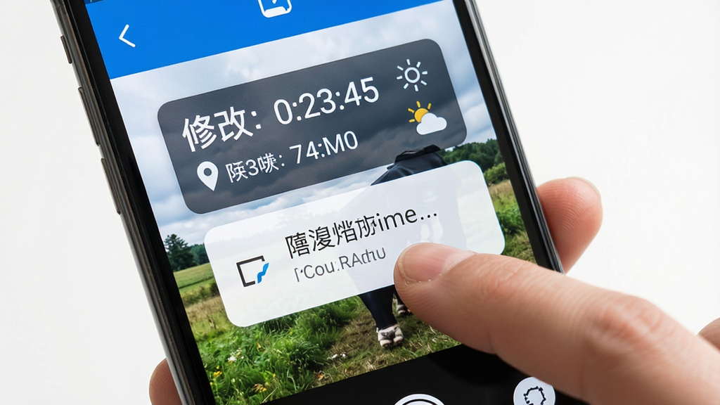 һ��չʾ�޸�ţ���ˮӡ�༭���ܵĻ��棬�������ֻ���Ļ��ʾ����Ԥ�����棬��Ļ����ʱ�䡢�ص㡢������ˮӡͼ�������ڻ����ϣ��û���ָ���ڵ���༭ˮӡ���֣���������ˬ��������ɫ��ϸ�����������ʸɾ����޶���Ԫ��