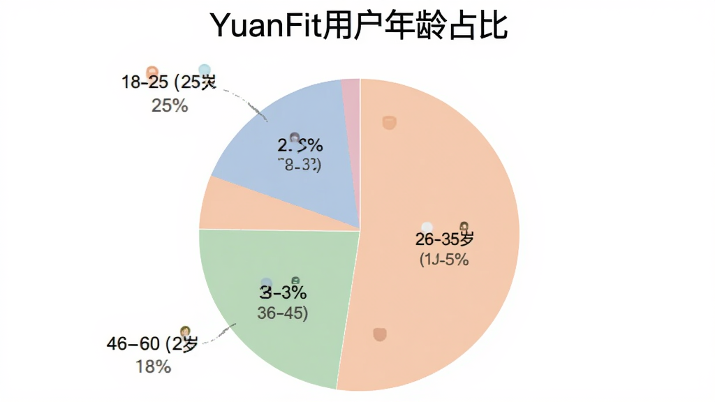 ��״ͼչʾYuanFit�û�����ֲ���18-25��ռ��25%��26-35��ռ��35%��36-45��ռ��22%��46-60��ռ��18%����ɫ���������ͼ������Ϊ��YuanFit�û�����ռ�ȡ�