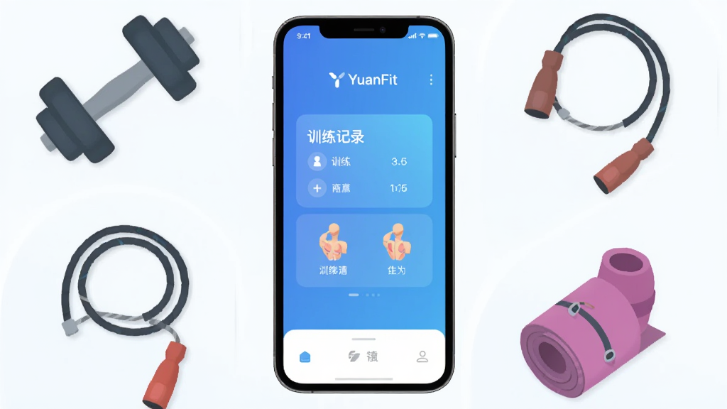 �ֻ���ĻչʾYuanFitӦ�������棬��ɫ���䱳�����м���ѵ����¼��Ƭ�ͼ���ͼ�꣬��Χ�������塢�������٤��Ƚ���Ԫ�أ���������ˬ��ƽ�������ʸɾ��޶���Ԫ��