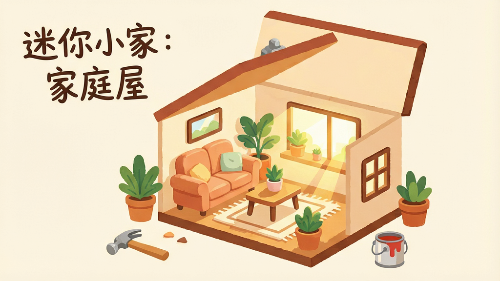 一张温馨的卡通风格室内场景图,画面中央是一栋打开屋顶的迷你小屋,屋内摆放着沙发、地毯、小茶几和绿植,窗外有阳光洒入。画面左上角有手写风格的文字“迷你小家:家庭屋”。整体布局以小屋为视觉中心,四周散落着锤子、油漆桶、小盆栽等装饰元素。风格为温暖治愈的扁平插画风,细节丰富,色彩柔和明亮,画质干净清晰,无多余杂乱元素。