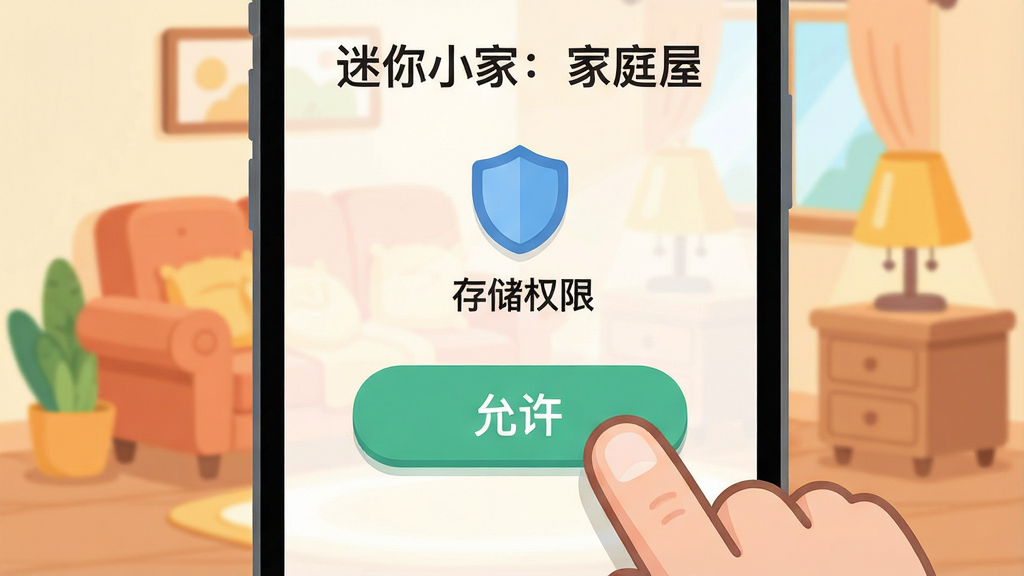一张以“迷你小家:家庭屋”新手引导为主题的手机界面插画,画面展示一个卡通手指正指向屏幕上的“允许”按钮,按钮上方有一个盾牌图标和“存储权限”文字。屏幕背景是温馨的房间一角,有沙发和台灯。风格为简洁明快的扁平化UI风格,布局清晰,细节圆润,画质干净,无多余元素,文字清晰可辨。