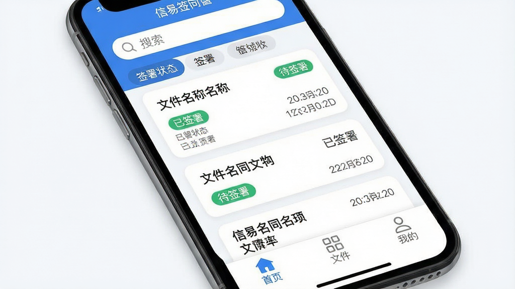 信易签合同管理界面展示图。手机屏幕显示合同列表,每份合同卡片上有文件名、签署状态标签(已签署、待签署)和日期。顶部有搜索框和标签筛选栏。底部导航栏清晰显示