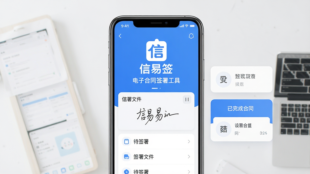 一张展示信易签APP核心界面的手机样机图。手机屏幕中央显示信易签的Logo,下方是