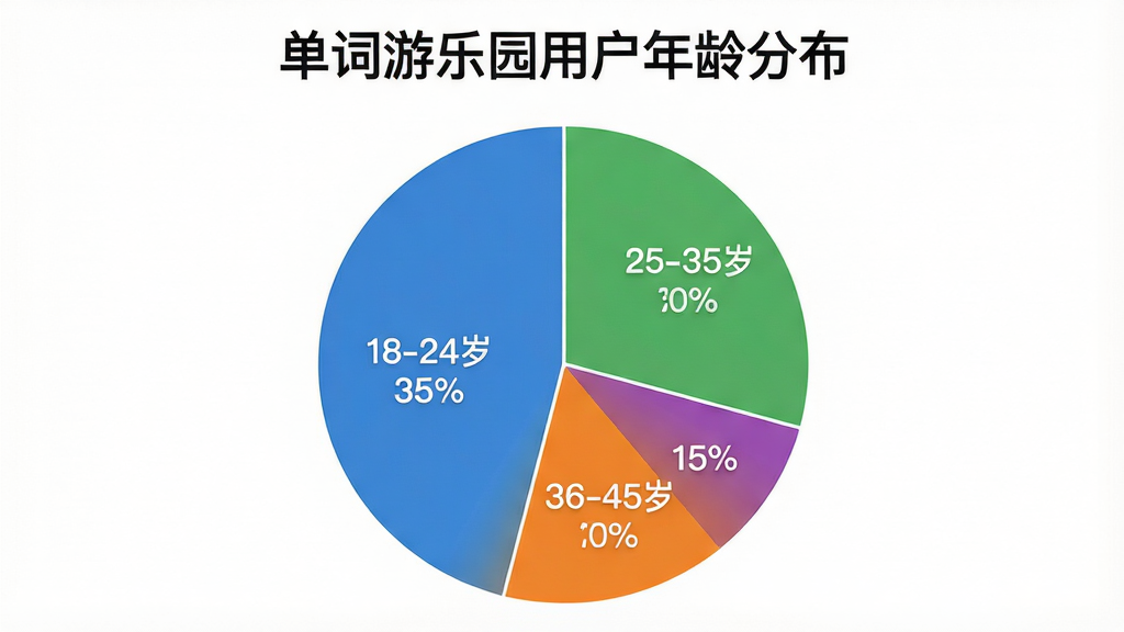 一张展示单词游乐园用户年龄分布的饼状图。图表标题为“单词游乐园用户年龄分布”,饼图分为四个部分:18-24岁占35%,25-35岁占30%,36-45岁占20%,46-60岁占15%。饼图颜色分别为蓝色、绿色、橙色和紫色,图表背景为白色,文字清晰,风格简洁现代,画质干净无多余元素。