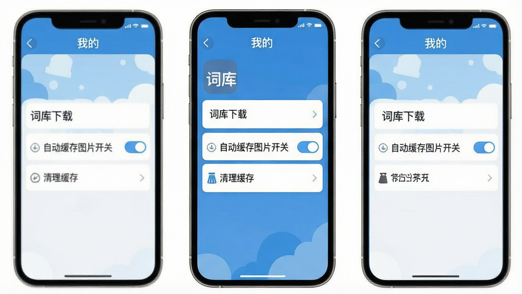一张展示单词游乐园新手设置界面的图片。画面是一个手机屏幕,屏幕中显示着单词游乐园的“我的”页面,页面上有“词库下载”、“自动缓存图片开关”、“清理缓存”等选项,界面以蓝色和白色为主,布局简洁,文字清晰,风格现代扁平,画质干净无多余元素。