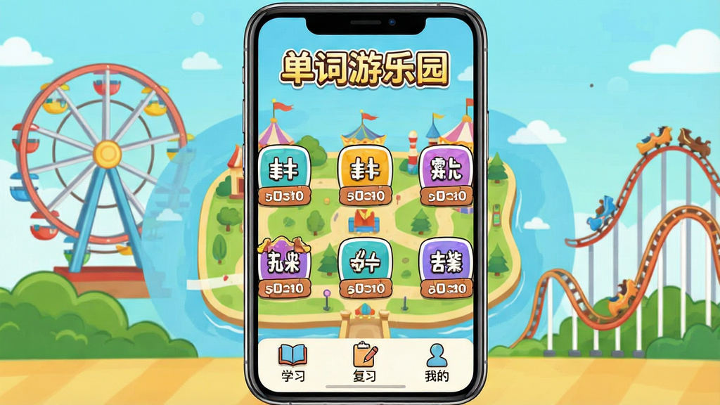 一张展示单词游乐园软件核心全貌的图片。画面中央是一个手机屏幕,屏幕里显示着单词游乐园的主界面,界面顶部有“单词游乐园”的文字标识,中间是以游乐园地图为背景的单词闯关关卡图标,每个关卡上标有不同难度的单词标签,底部有“学习”、“复习”、“我的”三个选项卡。整体风格是卡通休闲风,色彩明亮活泼,有摩天轮、过山车等游乐园元素点缀,画质干净清晰,无多余元素。