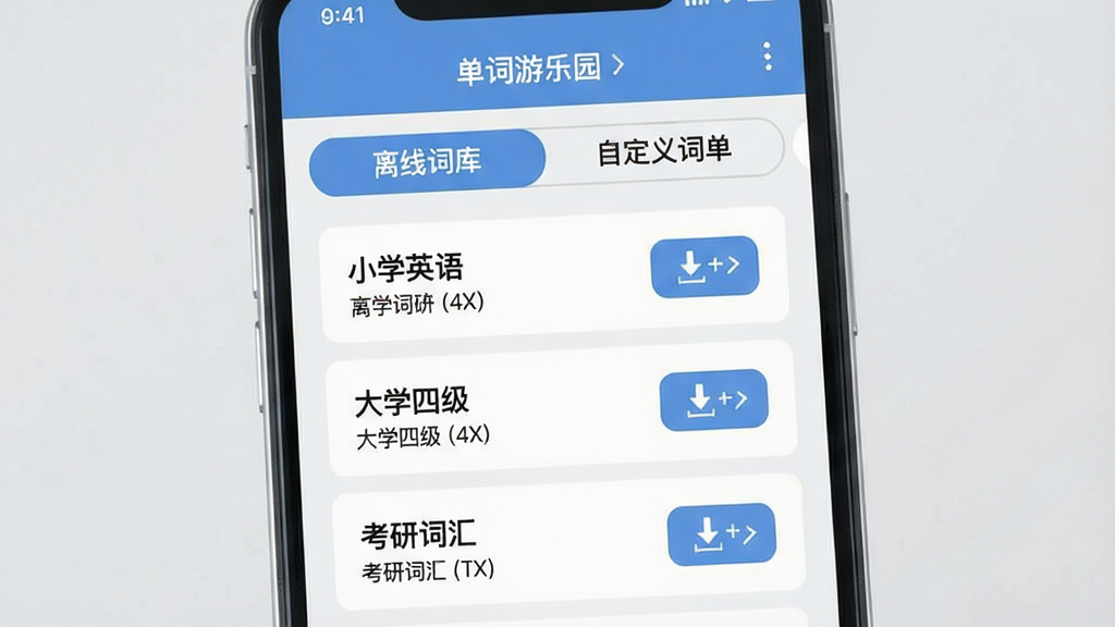 一张展示单词游乐园离线词库与自定义词单功能的图片。画面是一个手机屏幕,屏幕中显示着单词游乐园的词库选择界面,上方有“离线词库”和“自定义词单”两个标签,下方列出了多个词库分类,如“小学英语”、“大学四级”、“考研词汇”等,每个分类旁边有下载按钮和大小标注。背景是浅灰色,界面布局清晰,风格现代扁平,画质干净无多余元素。