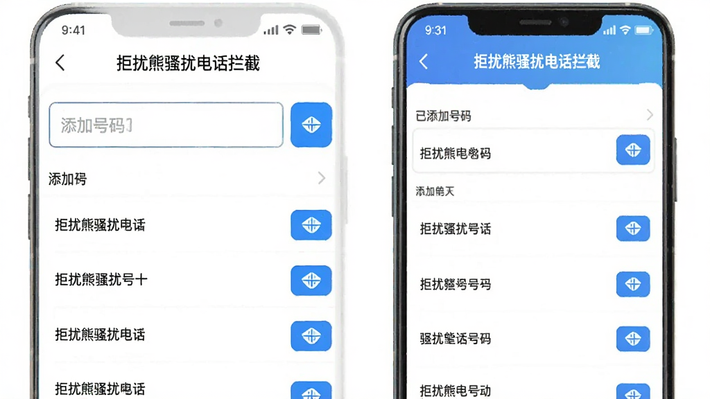 一张手机应用界面示意图,展示拒扰熊骚扰电话拦截的白名单管理页面,页面中有添加号码的输入框和已添加的号码列表,列表项旁边有删除按钮,界面以白色为底,按钮为蓝色,风格清爽,画质干净,图片中带有文字