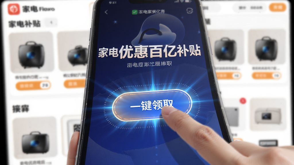 һ��AI���ɵ�ͼƬ��չʾ���ҵ��Żݰ��ڲ�����App�Ĳ������棬������һֻ���������Ļ�ϵġ�һ����ȡ����ť����ť��Χ�й�Ч������������ģ���ĵ���ƽ̨ҳ�棬�����񶯸��ִ��������������޶���Ԫ�ء�