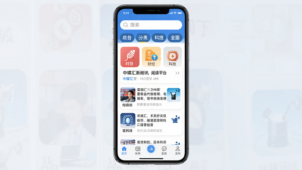 ��ý��������Ѷ�Ķ�ƽ̨�����棬�ֻ���Ļ������ʾ��ý��App��ҳ������������ͷ����ǩ���в�������Ϣ����Ƭʽ���У�����ʱ�����ƾ����Ƽ���Ƶ��ͼ�꣬�ײ����������������岼�ּ�����죬������ɫΪ��������ִ���ƽ��ϸ��Բ�󣬻��ʸɾ��޶���Ԫ��