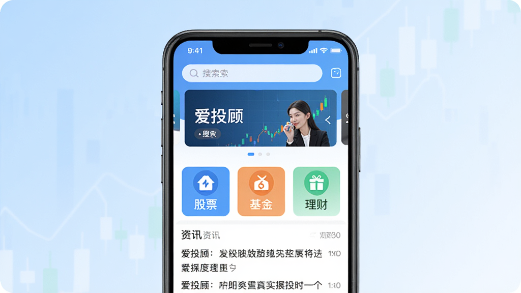 ��Ͷ�� �ֻ�Ӧ�ý���չʾ������������һ���ִ������ֻ�����Ļ��ʾ��Ͷ��APP����ҳ���Ϸ������������ֲ�ͼ���м��ǹ��ܷ���ͼ�����Ʊ���������ƣ��·�����Ѷ�б�������Ϊ�ɾ���ǳ��ɫ���䣬��������죬ϸ�����������ʸɾ��޶���Ԫ��