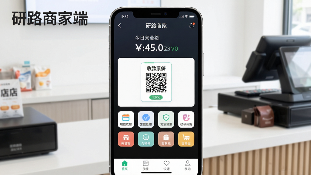 һ��չʾ��·�̼Ҷ��ֻ�APP�������ͼƬ������������һ���ִ������ֻ�����Ļ������ʾAPP����ҳ�������е������ƺͽ���Ӫҵ�����֣��м����տ���Ϳ�ݹ���ͼ�꣬�ײ����ĸ��������������Ǹɾ������ʵ���������̨����������ִ������������������޶������ͼƬ�����֡���·�̼Ҷˡ������ɼ���