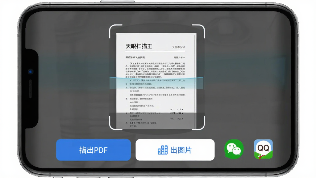 ����ɨ�������嵼�����棬����չʾ�ֻ���Ļ��ɨ����ɵ��ĵ�Ԥ�����·��е���PDF�͵���ͼƬ������ť���Ա���΢�ź�QQ����ͼ�꣬���ּ�࣬����ƽ����������ɫ�����ʸɾ����޶���Ԫ��