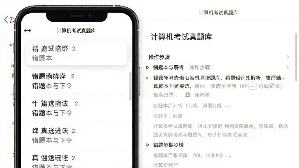 计算机考试真题库 错题本与解析界面,手机屏幕左侧显示错题列表,右侧显示题目详细解析和操作步骤,顶部有“计算机考试真题库”小字标识,背景为白色,文字清晰,排版整齐,风格简约,画质干净,无多余元素