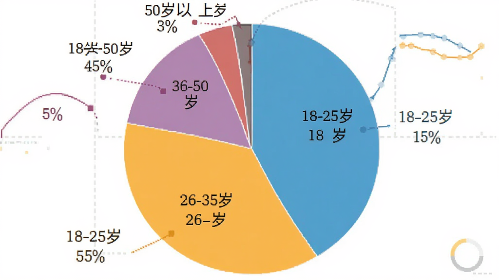 择伴同城交友 用户年龄分布饼状图,画面中央是一个饼状图,不同颜色扇区标注18-25岁、26-35岁、36-50岁、50岁以上及对应百分比,背景简洁,风格数据可视化,画质干净无多余元素