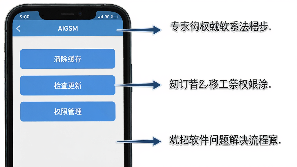 AIGSM软件问题解决流程图,画面中一部手机显示AIGSM的设置界面,界面上有清除缓存、检查更新、权限管理等选项按钮,旁边有箭头指向说明文字,风格简洁,画质清晰,无多余元素