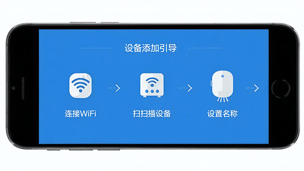 家翼e家 设备添加引导页面 手机屏幕显示添加设备步骤 第一步连接WiFi 第二步扫描设备 第三步设置名称 风格扁平化 蓝白配色 步骤清晰 画质干净 无多余元素