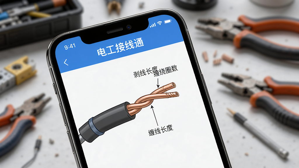 һ��AI���ɵ�ͼƬ������չʾ�ֻ���Ļ�Ŵ���д����Ļ���ǡ��繤����ͨ��APP�Ľ���ͼ��ҳ�棬��ʾ����ͭ�߶ԽӵĲ���ʾ��ͼ���Ա������ֱ�ע���߳��ȺͲ���Ȧ����������ģ���ĵ繤����̨���������дʵ�����ʸɾ����ص�ͻ���ֻ���Ļ����