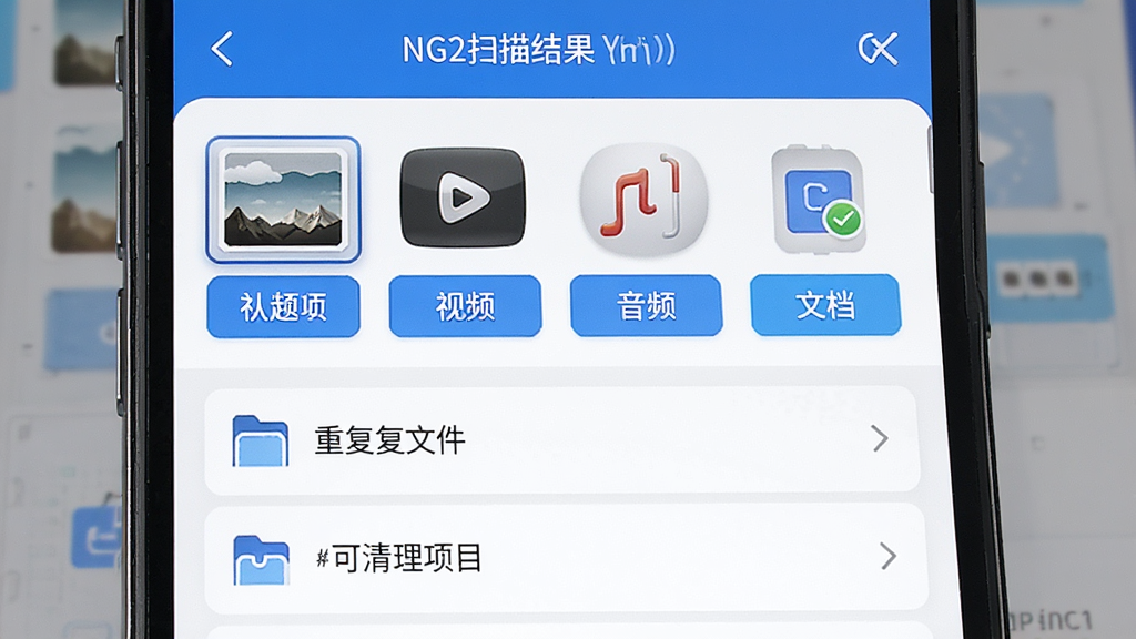 NG2系统文件分类整理功能演示,画面中手机屏幕显示文件扫描结果,图片、视频、音频、文档等分类标签横向排列,下方列出重复文件和可清理项目,界面以蓝白配色为主,布局清晰有层次,风格简洁明快,细节图标精致,画质干净无多余元素