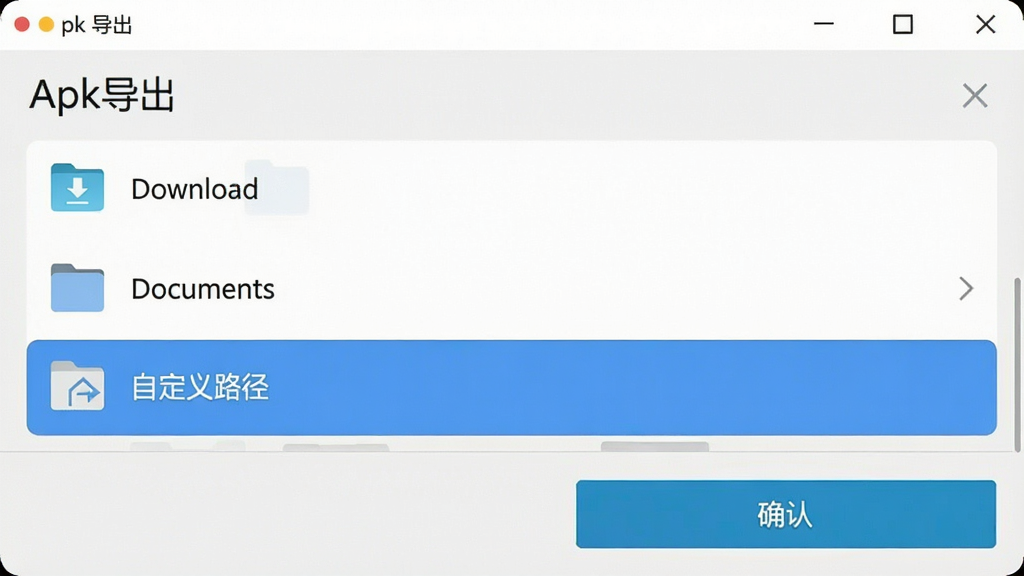 一张手机截图,展示“Apk导出”软件在设置导出路径的界面,屏幕上显示多个文件夹选项,如“Download”“Documents”“自定义路径”,其中一个选项被高亮选中,界面底部有“确认”按钮,背景为浅色,图标简洁,风格现代,画质干净无多余元素。
