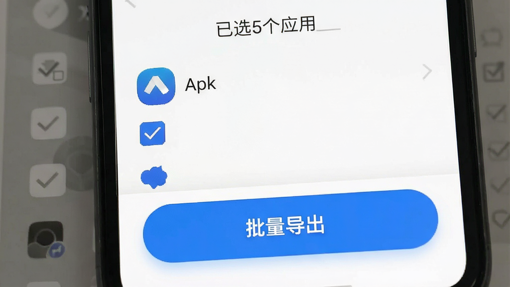 手机画面展示“Apk导出”的批量选择界面,屏幕中有多个应用前方被勾选,底部有一个显眼的蓝色“批量导出”按钮,界面顶部显示“已选5个应用”,背景为白色,按钮圆润,风格简洁现代,画质干净无多余元素。