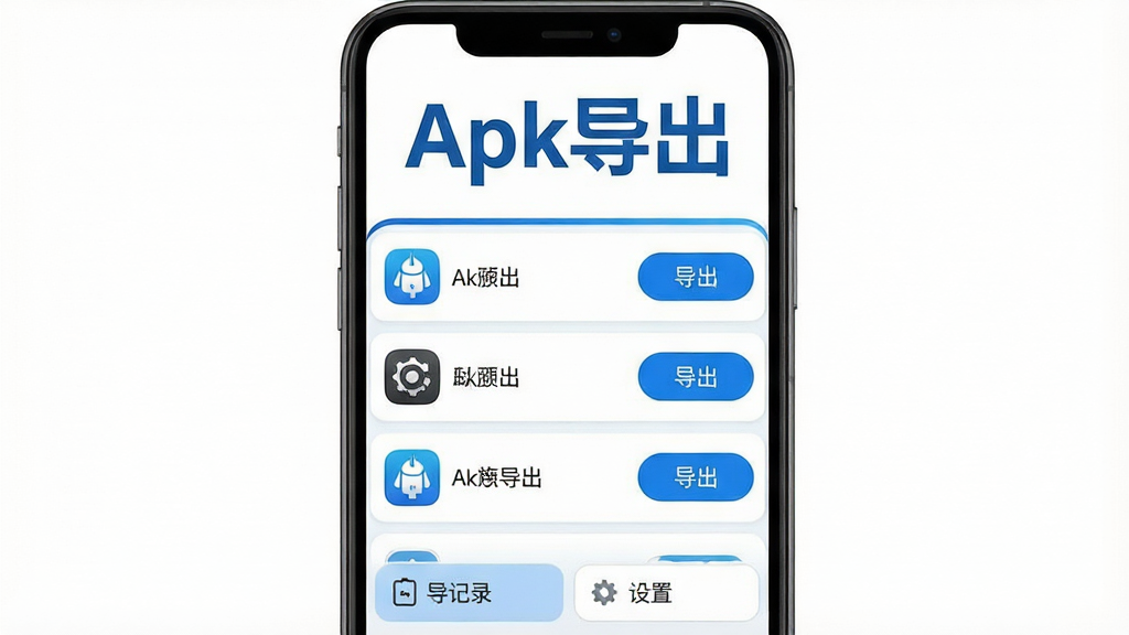 一张展示“Apk导出”软件界面的手机截图,画面中央是软件的主操作界面,顶部显示“Apk导出”四个大字作为Logo,中间是已安装应用的列表,每个应用右侧有一个醒目的“导出”按钮,底部是导出记录和设置选项。整体布局清晰简洁,采用蓝白配色,风格现代扁平化,细节圆润,画质干净无多余元素。