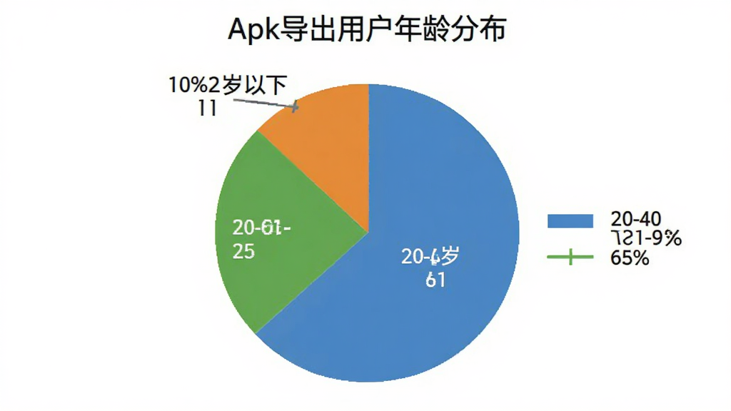 一张饼状图,展示“Apk导出”用户年龄分布,图表分为三块:20-40岁占65%,40-60岁占25%,20岁以下占10%,饼图颜色分别为蓝色、绿色、橙色,背景白色,图表标题为“Apk导出用户年龄分布”,风格简洁,画质清晰无多余元素。
