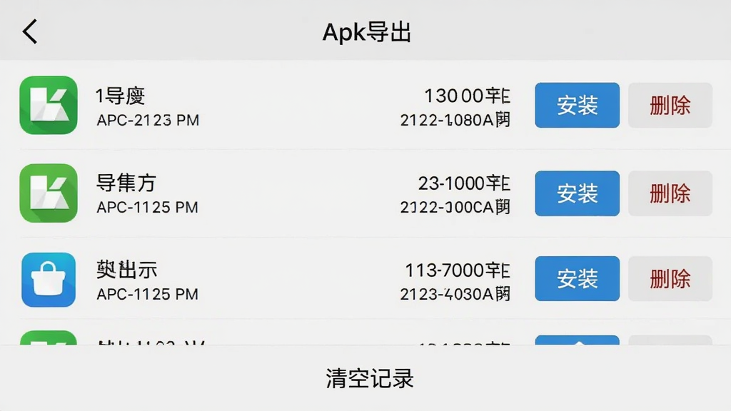 手机截图展示“Apk导出”的导出记录页面,列表中显示多个已导出的APK文件,包含应用图标、名称、导出时间和文件大小,右侧有“安装”和“删除”按钮,界面底部有“清空记录”选项,背景为浅灰色,文字清晰,风格扁平,画质干净无多余元素。