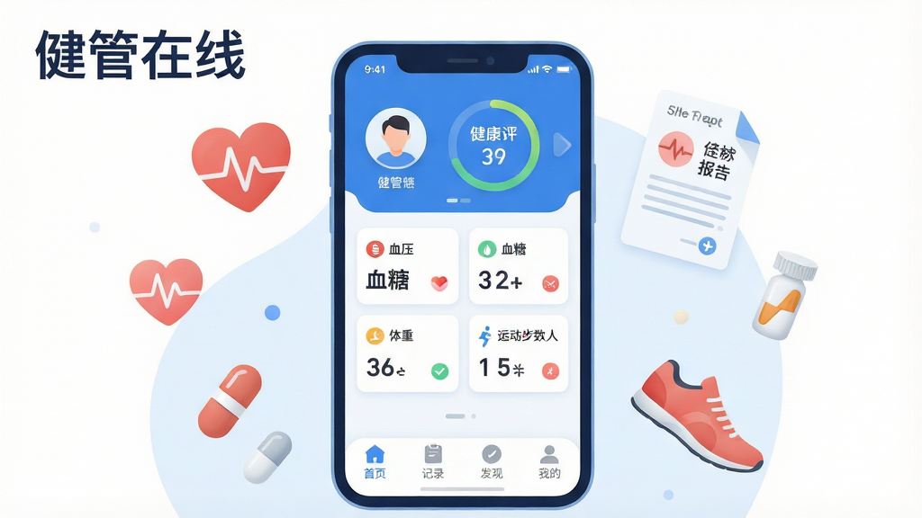 һ��չʾ��������App����ȫò�Ĳ廭��������һ�������ֻ���Ļ����Ļ������ʾ��������App�������棬������������ɫΪ�����������û�ͷ��ͽ�������Բ�����м�������Ѫѹ��Ѫ�ǡ����ء��˶����������ݿ�Ƭ���ײ�����������ҳ����¼�����֡��ҵ��ĸ�ͼ�ꡣ�ֻ���ΧƯ��������ͼ�ꡢ��챨�浥��ҩ�衢�ܲ�Ь�Ƚ���Ԫ�ء����־��У��Ű������򣬷��Ϊ�ִ���ƽ���廭��ϸ��Բ����ͣ����ʸɾ��������޶���Ԫ�أ������д��С��������ߡ����ֱ��⡣