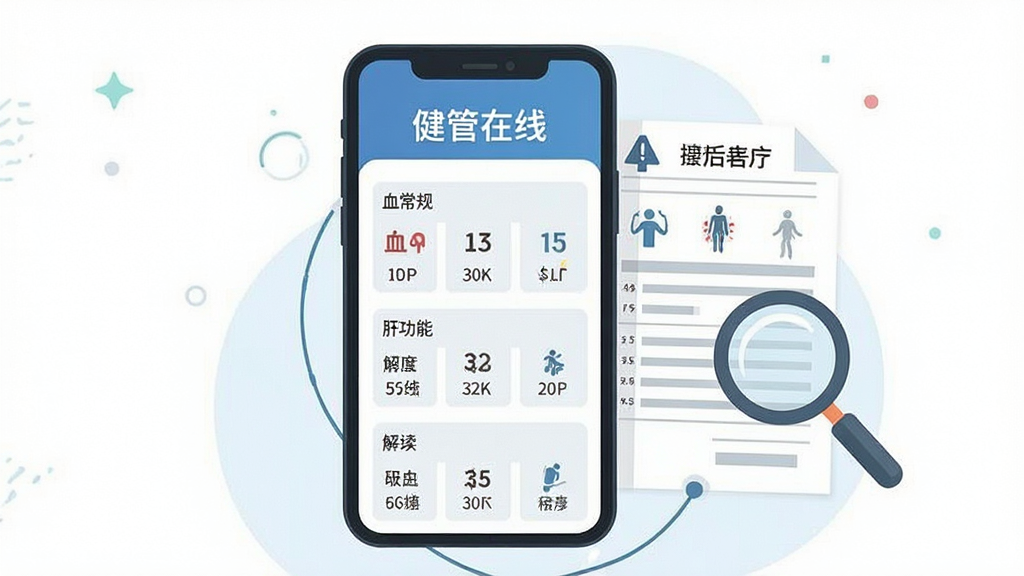 һ��չʾ��������App��챨�������ܵĲ廭���������ֻ���Ļ��ʾ��챨����ҳ�棬��Ļ���С��������ߡ����֣�ҳ������Ѫ���桢�ι��ܵ�ָ����Ͷ�Ӧ�Ľ�����֣���Ļ�Ա���һ��ֽ����챨�浥�ͷŴ�ͼ�ꡣ���־��У��Ű����࣬���Ϊ�ִ���ƽ�廭��ϸ�����������ʸɾ����޶���Ԫ�ء�