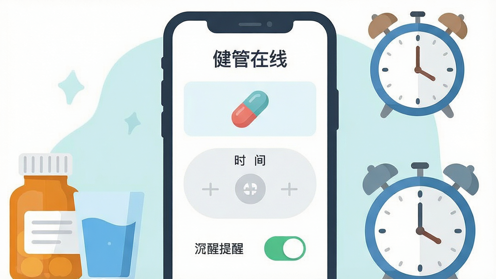 һ�Ž�������App��ҩ���ѹ��ܵĲ廭���������ֻ���Ļ��ʾ��ҩ�������ý��棬��Ļ���С��������ߡ����֣���������ҩ��ͼ�ꡢʱ��ѡ���������ѿ��ذ�ť����Ļ��Χ��ҩƿ��ˮ����ʱ�ӵ�Ԫ�ء����־��У��Ű����������Ϊ��ƽ����ƣ�ϸ��Բ�󣬻��ʸɾ��޶���Ԫ�ء�
