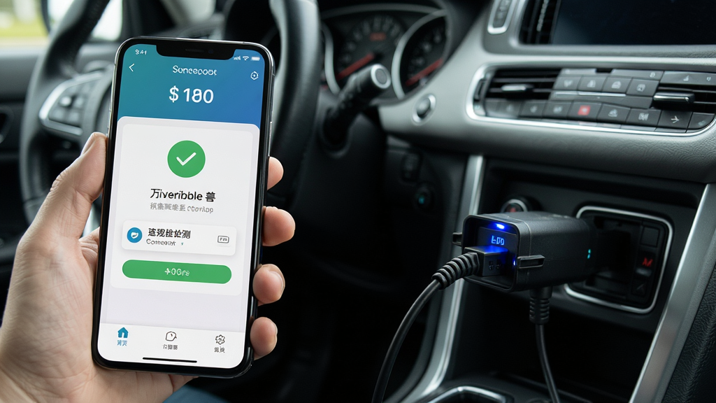 һ��չʾ�����޳��ܼ�App����OBD���ӽ��г�������ʹ�ó���ͼ������Ϊ�ֳ��ֻ���ʾApp���ӳɹ����棬����Ϊ������ʻ�շ����̺��п�̨���������ֻ���Ļ�����ɼ����Ű�ͻ������״̬�������ʵ����У�ϸ����OBD���Ӳ��ڳ����ӿڴ�������ɫָʾ�ƣ����ʸ����޶���Ԫ��