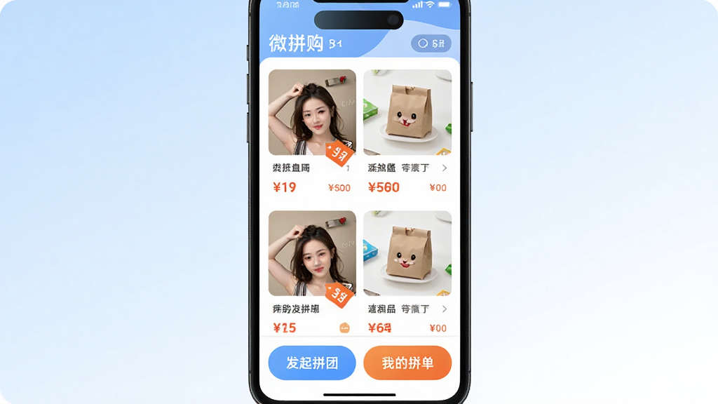 ΢ƴ��Ӧ��������չʾ�������������ֻ���Ļ����Ļ����ʾ΢ƴ����ƴ����Ʒ�б�����ƷͼƬ�������۸��ǩ��Ŀ���ײ��з���ƴ�ź��ҵ�ƴ��������ť��������ǳ������ɫ�Ľ��䣬������ִ������ʸɾ����޶���Ԫ��