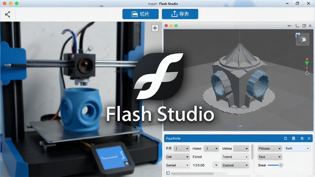 һ��չʾFlash Studio�����������ͼƬ����������������Logo������Flash Studio��������3D��ӡ�������ڴ�ӡ��ģ�ͣ����沼��������������ʾ���롢��Ƭ���������ܰ�ť���м���3Dģ��Ԥ�����򣬵ײ��ǲ���������壬����ִ��Ƽ��У�������ɫΪ����ϸ�ڸɾ������ʸ����޶���Ԫ��