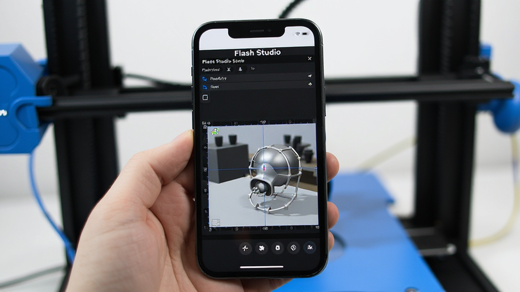 һ��չʾFlash Studio���ֻ��ϲ�����ͼƬ��������һֻ�������ֻ����ֻ���Ļ����ʾFlash Studio��������������Ƭ3Dģ�ͣ�������3D��ӡ������������Flash Studio����Ļ��������������ʵ��������ɫ����������