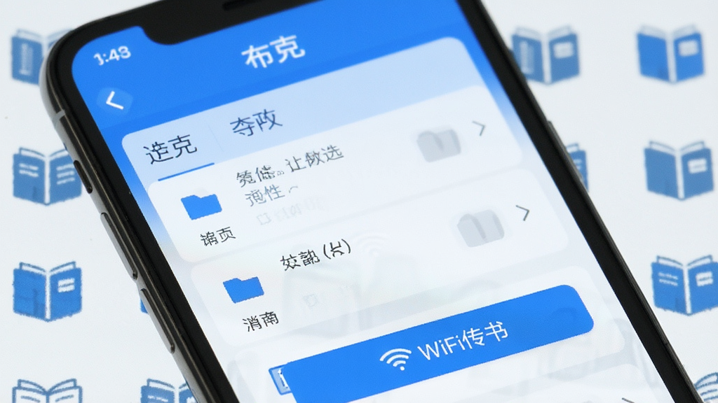 �ֻ���Ļ��ʾ�����ˡ�APP�ı��ص�����棬���������ļ�ѡ���б���WiFi���鰴ť���������鼮ͼ��װ�Σ���������ʵ�ã�������ɫ�������������޶���Ԫ��