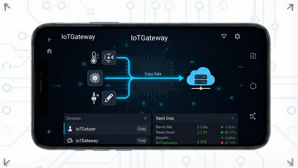 һ��չʾIoTGateway��������ȫò��ͼƬ�����������������ڰ�׿�ֻ��ϵ������棬��ɫ�Ƽ��米�������涥����ʾ��IoTGateway����ɫ���ֱ�ʶ���м�����չʾ�豸��������ͼ������Ǵ�����ͼ�꣬�Ҳ����ƶ˷�����ͼ�꣬�м�������ɫ�������ӱ�ʾ������ת���ײ����豸�б���ʵʱ������壬���岼������������ִ���࣬���ʸɾ��޶���Ԫ��