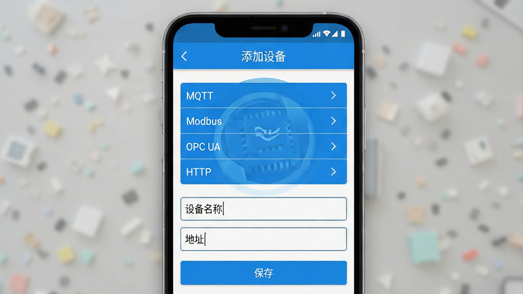 һ��չʾIoTGateway�ֻ������ý���Ľ�ͼ���ͼƬ�������ǰ�׿�ֻ���Ļ����ʾ�豸����ҳ�棬�����С������豸�����⣬�м���Э��ѡ���б�����MQTT��Modbus��OPC UA��HTTPѡ��·����豸���ƺ͵�ַ����򣬵ײ��Ǳ��水ť�����������ִ���������ɫ�����ʸɾ��޶���Ԫ��