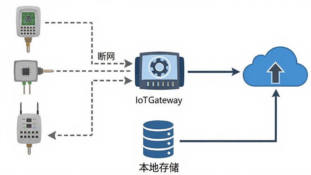 һ��չʾIoTGateway���ݻ���������������ܵ�ʾ��ͼ����������Ǵ������豸���м���IoTGateway����ͼ�꣬�Ҳ����ƶ˷������������·���һ�����ݿ�ͼ���ʾ���ش洢�������߼�ͷ��ʾ����ʱ������������ʵ�߼�ͷ��ʾ�ָ���Ĳ���·������������������ʸɾ��޶���Ԫ��